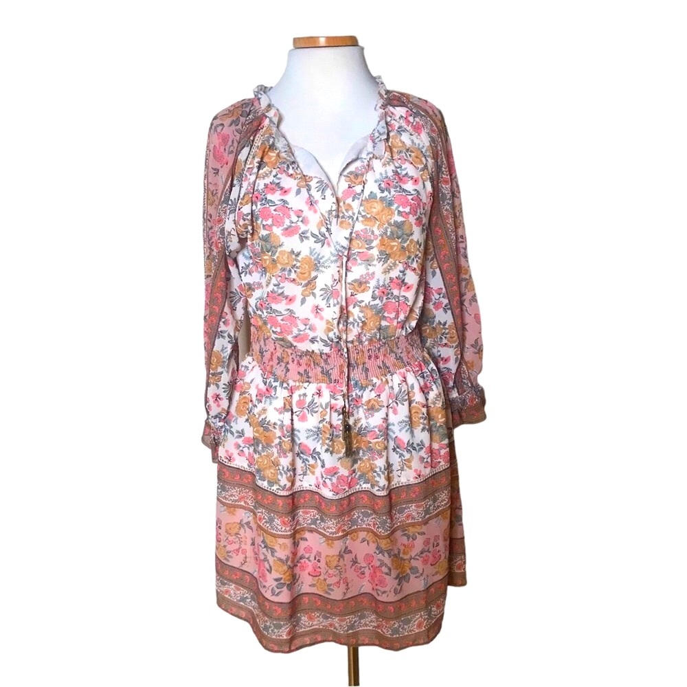 Love The Label Floral Boho Peasant Long Sleeve Minidress Pink Cream Multi NWT